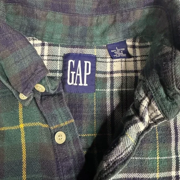 Gap Mens Large Plaid Color Block Flannel Shirt Organic Cotton Y2K VTG Blue/Green - Picture 3 of 10